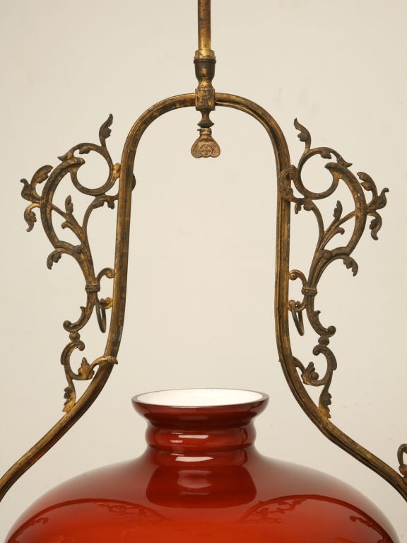 c.1860 Electrified Antique French Kerosene Gas Hanging Fixture In Good Condition In Chicago, IL
