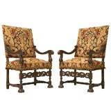 Antique Pair of Hand-Carved French White Oak Throne Chairs