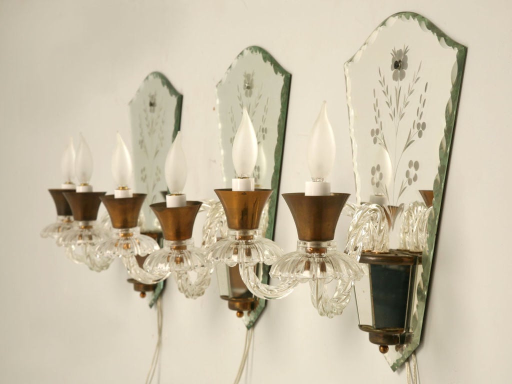 c.1940 Set of 3 Venetian Etched Mirror Sconces