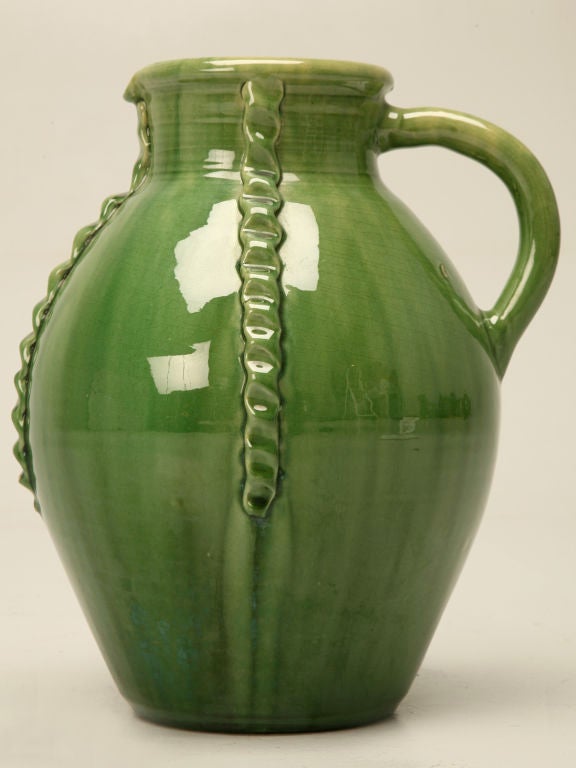 c.1920 Handmade French Green Earthenware Jug/Pitcher