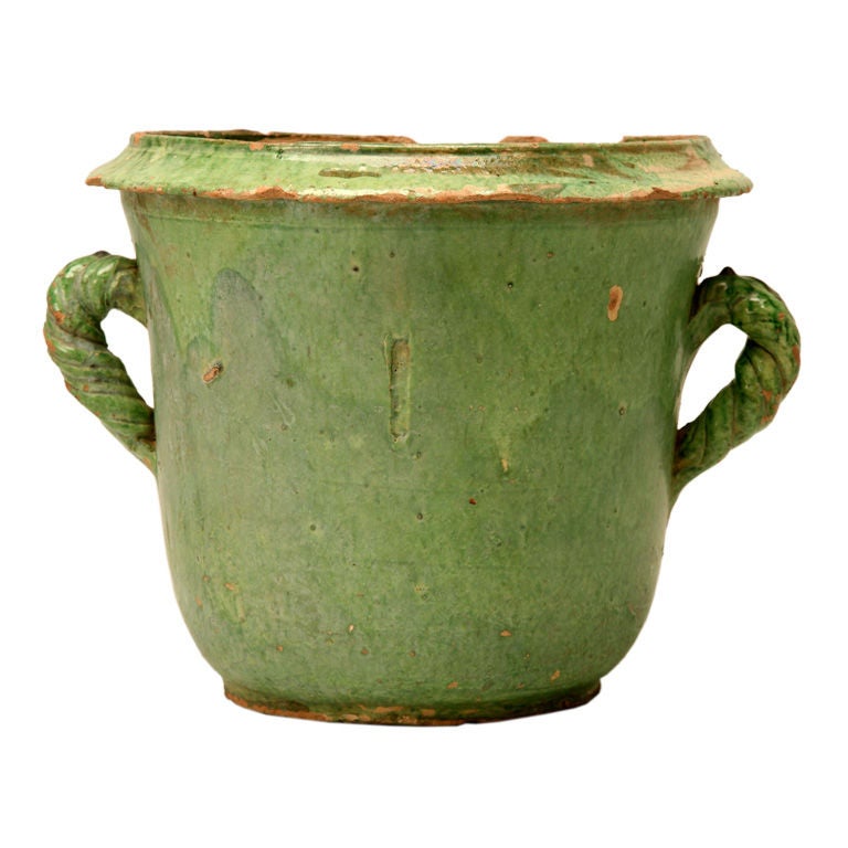 c.1900 Handmade French Green Earthenware Urn