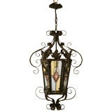 c.1920 French Hand-Wrought Iron Lantern w/Stained Glass