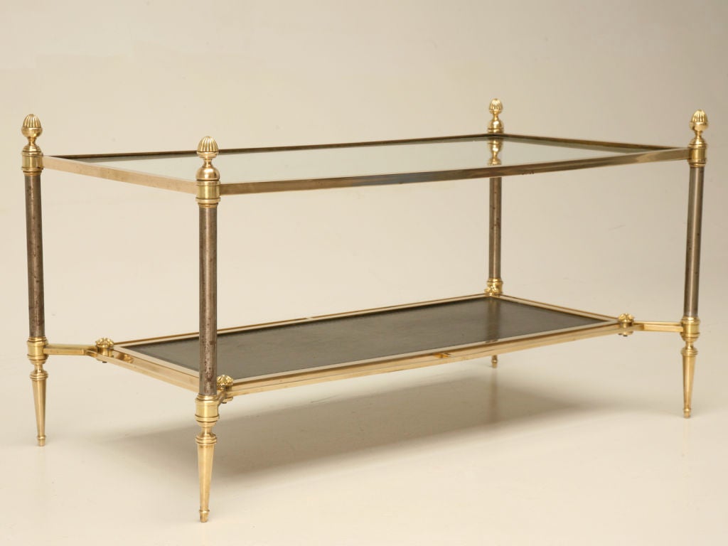 c.1950 French Brass, Glass, & Tooled Leather Coffee Table