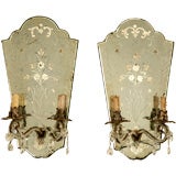 c.1900 Pair of Venetian Hand-Etched Mirrored Candle Sconces