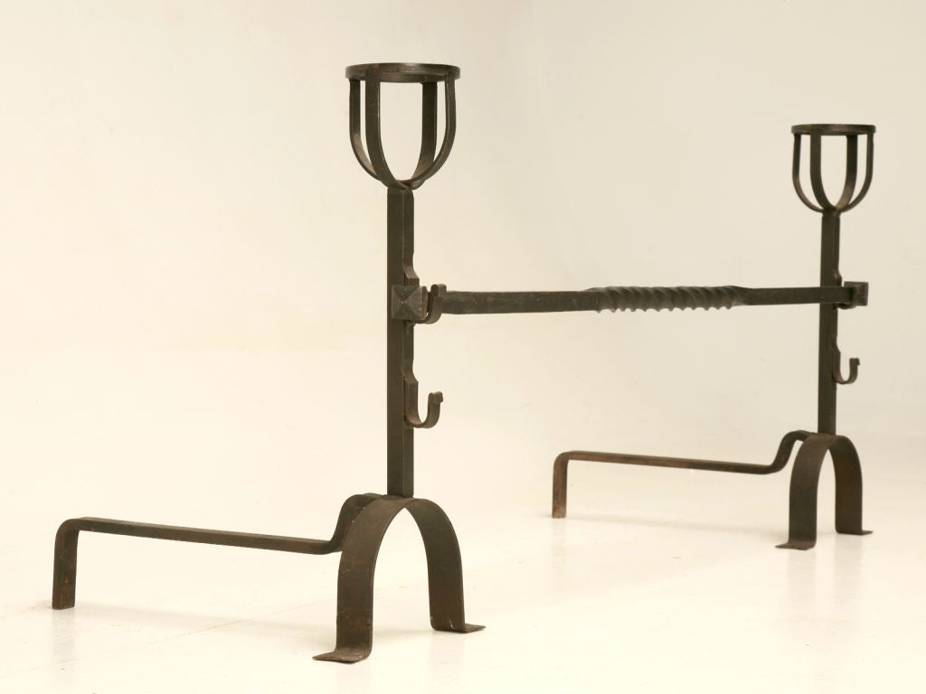 Three piece antique French iron fire dogs w/bar.