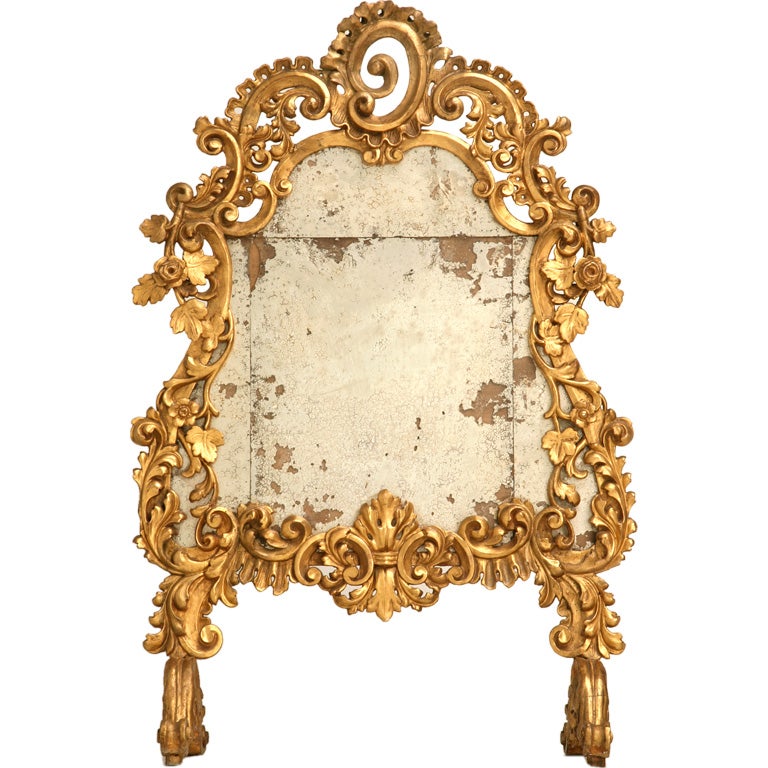 Original 18th C. Italian Hand Carved, Gilded, & Mirrored Fire Screen