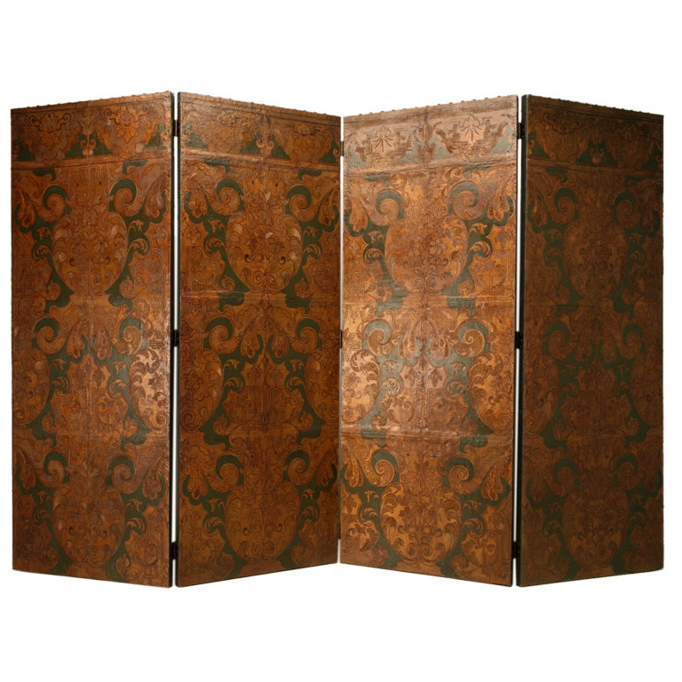 c.1700's Mechelen Gilt, Tooled & Painted Cordwain Folding Screen