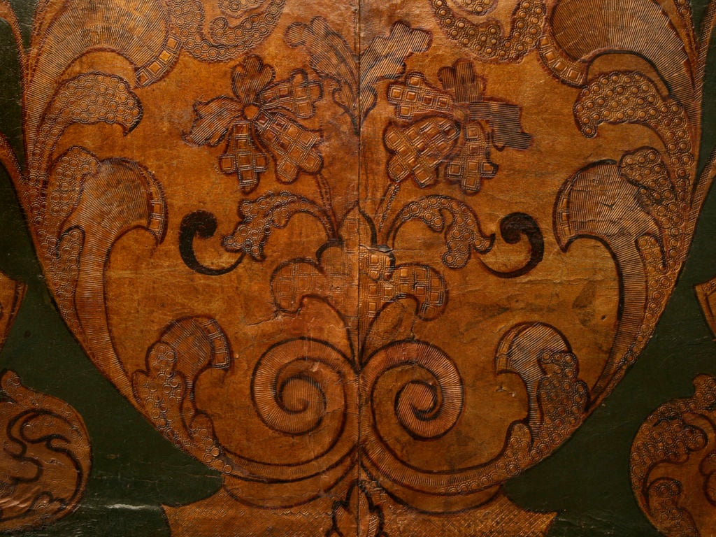 18th Century and Earlier c.1700's Mechelen Gilt, Tooled & Painted Cordwain Folding Screen