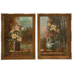 French Oil Paintings circa 1928 Pair of Rose Still Life's in Original Frames