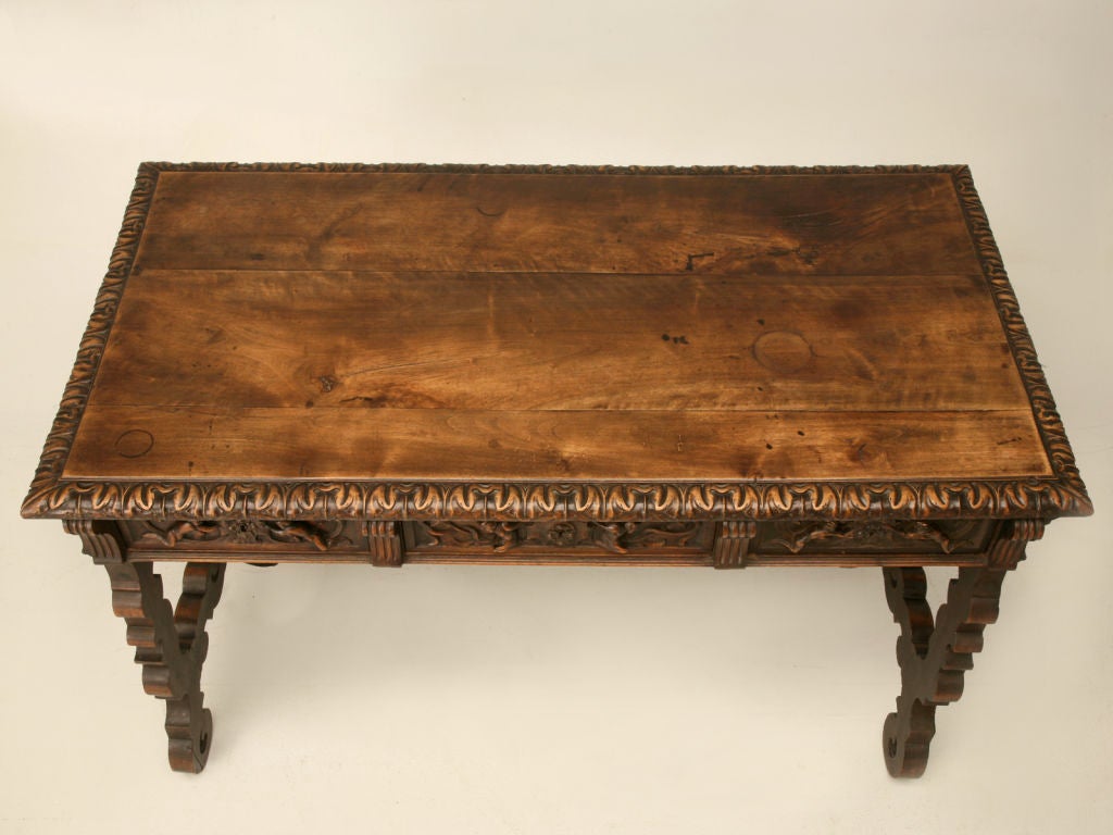 c.1870 Hand-Carved Spanish Fruitwood Lyre-Leg Desk