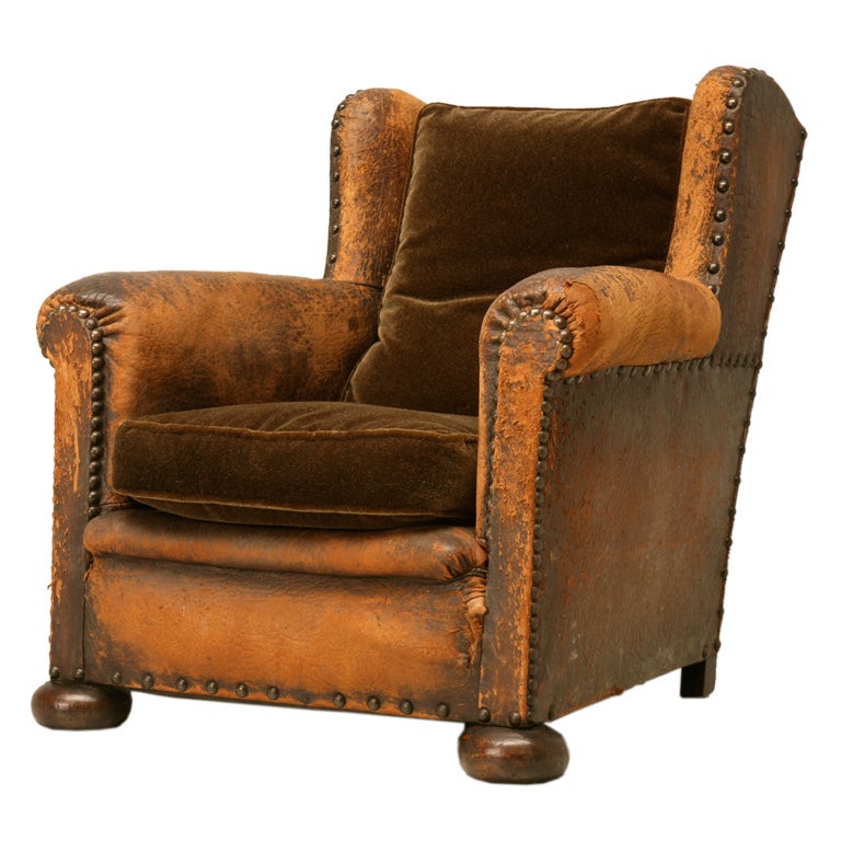 c.1920 Original French Leather Wing-Back Club Chair