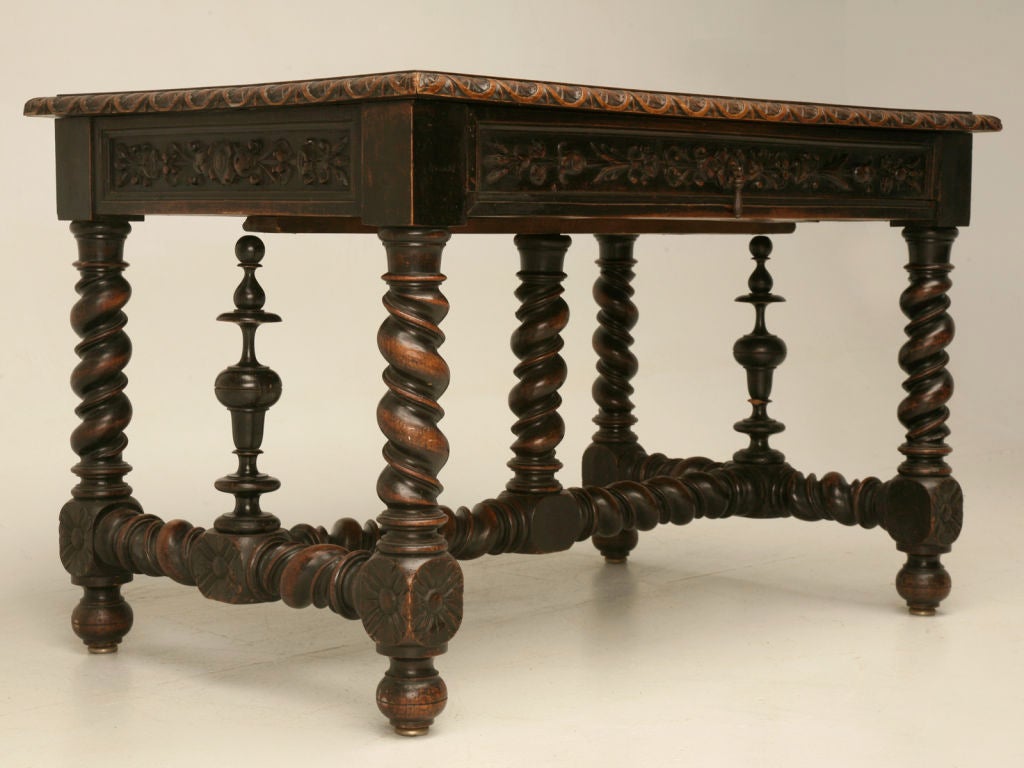 Antique French barley twist desk with it's original shaved mohair blotter, bronze nail-head trim, beautifully hand-carved details and a fully functional, full width apron drawer to boot. Absolutely fabulous, this desk has one of the best looking