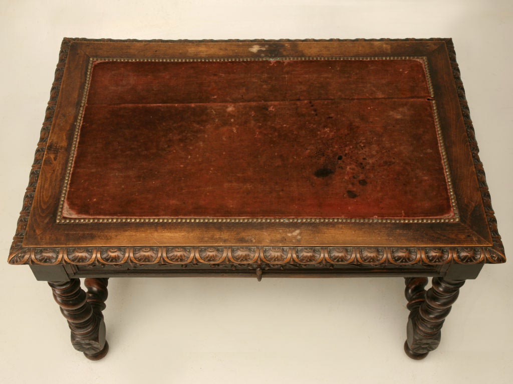 Louis XIII Antique French Barley Twist Desk with Drawer and Mohair Top, circa 1840