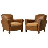 c.1940 Pair of Original French Leather Club Chairs
