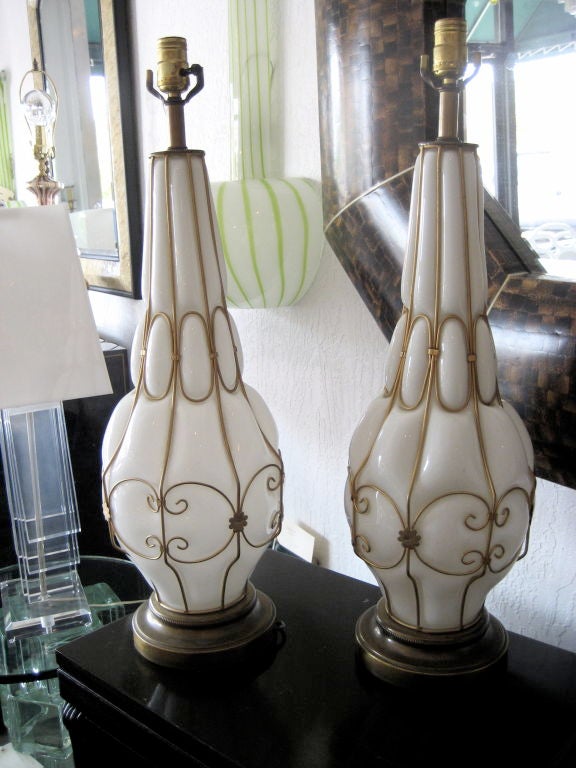 Pair of white Murano Glass Lamps with Gold Wirework Cages