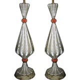 Pair of White and Coral Murano Glass Lamps