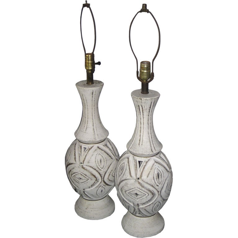 Pair of White Mid Century Chalkware Lamps