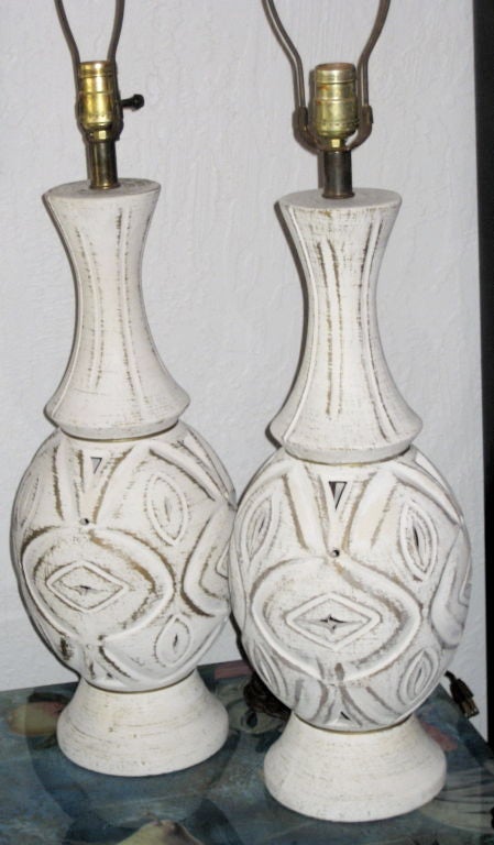 Pair of White Mid Century Chalkware Lamps 1