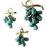 Turquoise and 14k Gold Cluster Earrings and Brooch