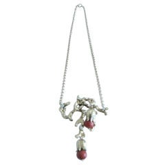 Coral and Gold Branch Necklace with Diamonds