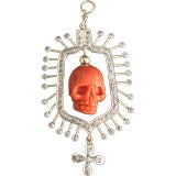 Coral Skull with Diamond Frame Pendant