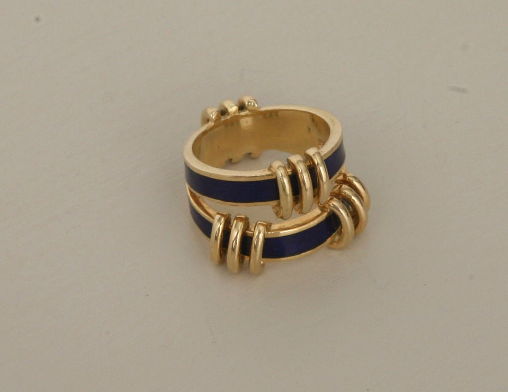 Wonderful Tiffany& Co. ring designed by Schlumberger- navy blue enamel and 18k yellow gold.
Size 5 1/2.