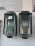 Vintage Pair of Tole Carriage House Lanterns with Blue Green Patina