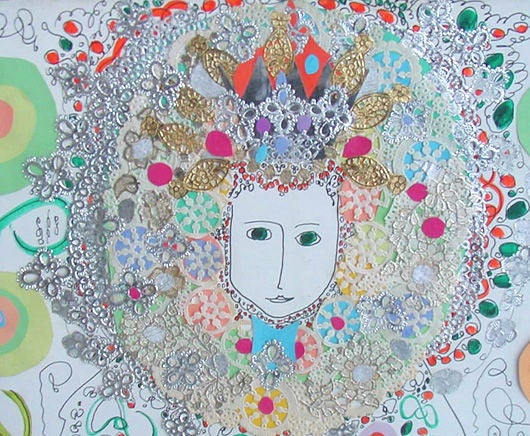 A mixed media collage by American artist, Gloria Vanderbilt (b. 1924 - ), depicting Queen Elizabeth I with elaborate neck ruff and having signature applied paper doilies and metallic foil. The ground having squiggles, etc. In an Italian Baroque