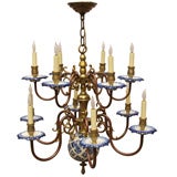 Dutch Copper and Bronze Chandelier With Delft Elements
