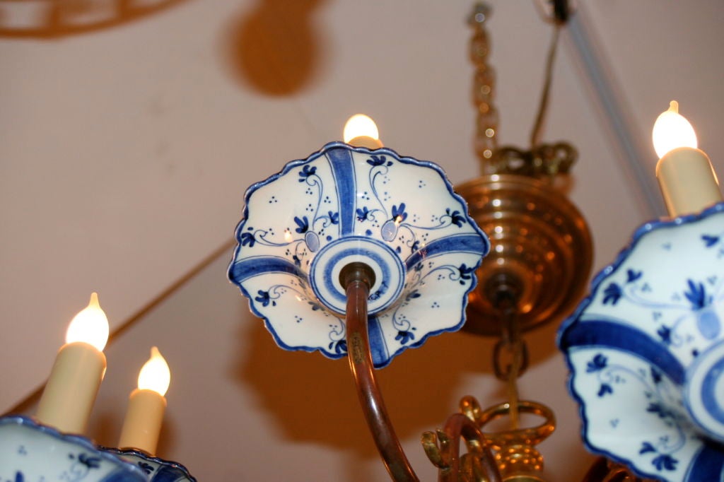 Dutch Copper and Bronze Chandelier With Delft Elements