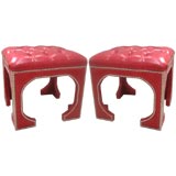 Pair of Tufted Red Leather Stools
