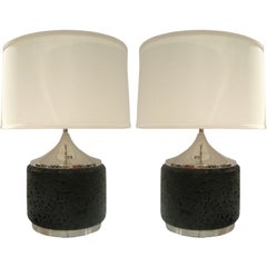Pair of Chocolate Brown Cork and Nickel Lamps