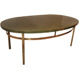 Green Leather and Brass Kidney Coffee Table