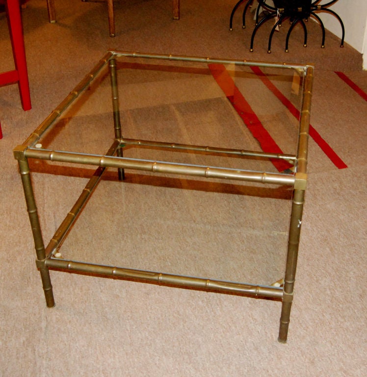 1960s French two tiers brass faux bamboo design coffee table in the style of Baguès.