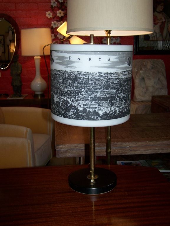 French, 1950s desk lamp with original glass shade. Shade scene of Paris and Bordeaux.