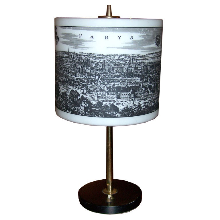 French Table Lamp with Paris Scene Painted on Glass Shade