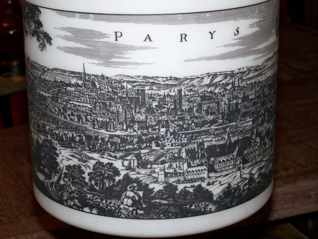 Mid-Century Modern French Table Lamp with Paris Scene Painted on Glass Shade For Sale