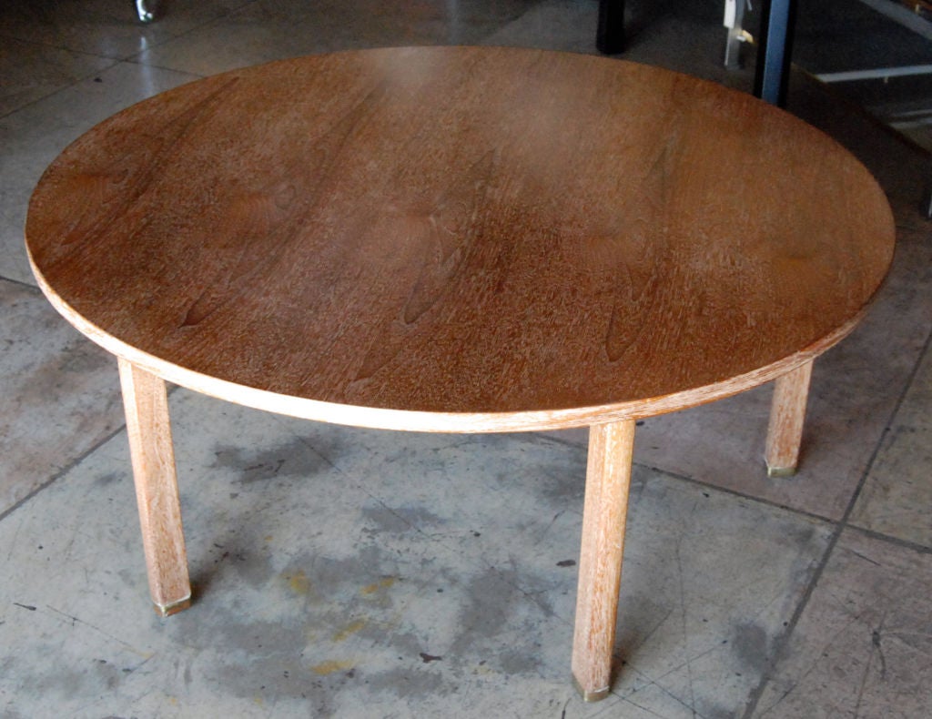 1960s round oak ceruse finish coffee table by Edward Wormley for Dunbar.