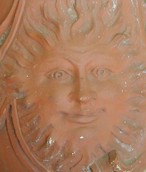 Extraordinary Sunface Advertising Terra Cotta Vessel In Good Condition For Sale In Solebury, PA
