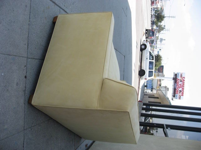 Sophisticated loveseat covered in champagne ultrasuede. Note the details of the upholstery. <br />
I's very comfortable!