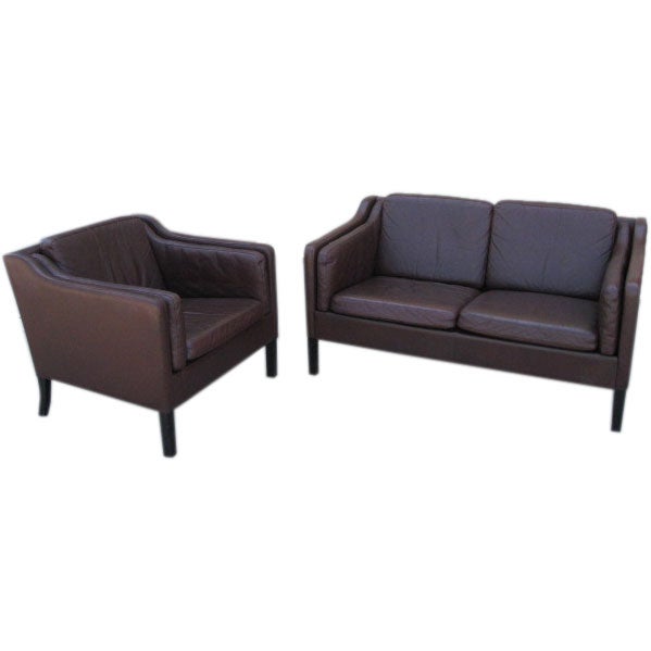 Brown Leather 1970s Loveseat and Chair by Borge Mogensen