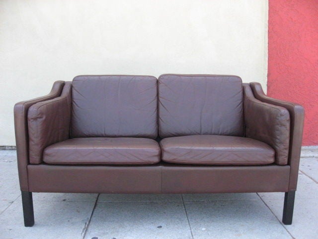 Brown Leather Love-seat and Chair by Borge Mogensen.<br />
Beautiful patina of the original leather.