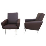 French 1950s Brown Leather Armchairs by Airborn, Pair