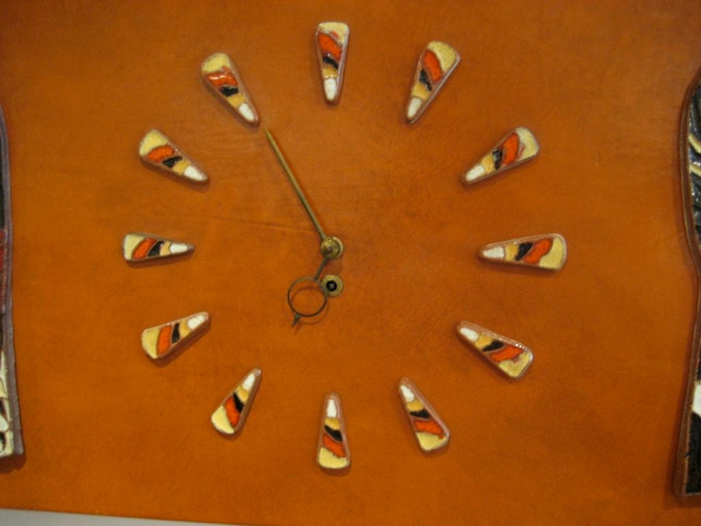 Mid-20th Century Harris Strong Leather Clad Clock with glazed Earthenware Figures