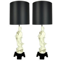 Pair of Blanc de Chine Quan Yin figural lamps