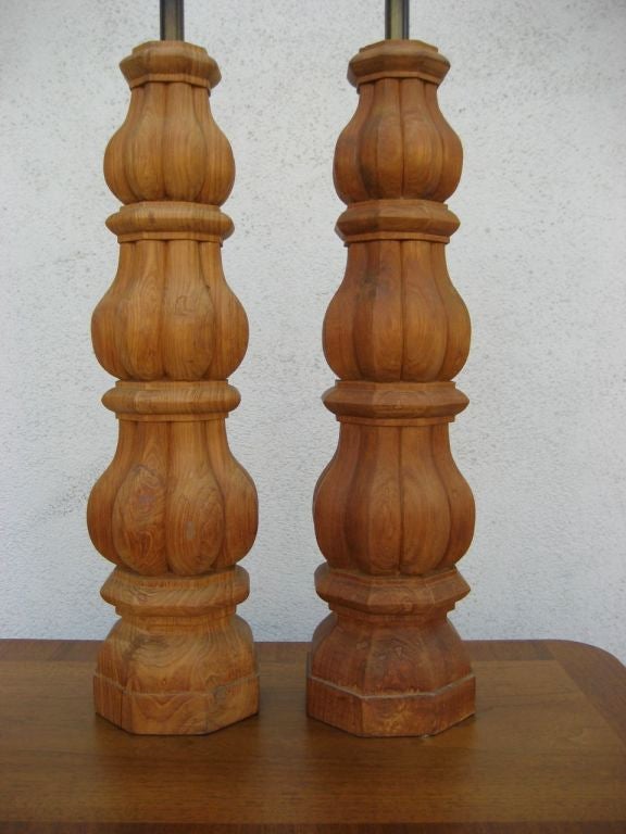 Large pair of Italian baluster form lamps in bare wood