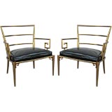 Exquisite pair of Italian brass chairs with Greek key armrests