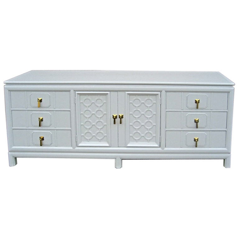 White lacquered MidCentury credenza with brass hardware