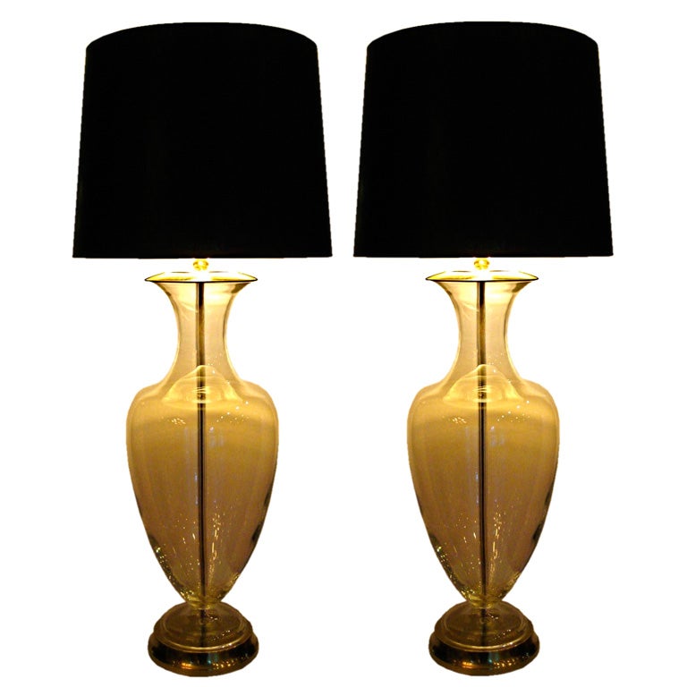 Statuesque pair of clear Crystal Urn lamps by Paul Hanson, NY