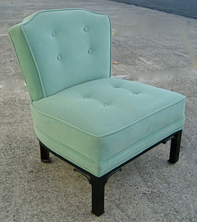 Pair of Celadon Velvet slipper chairs by Baker